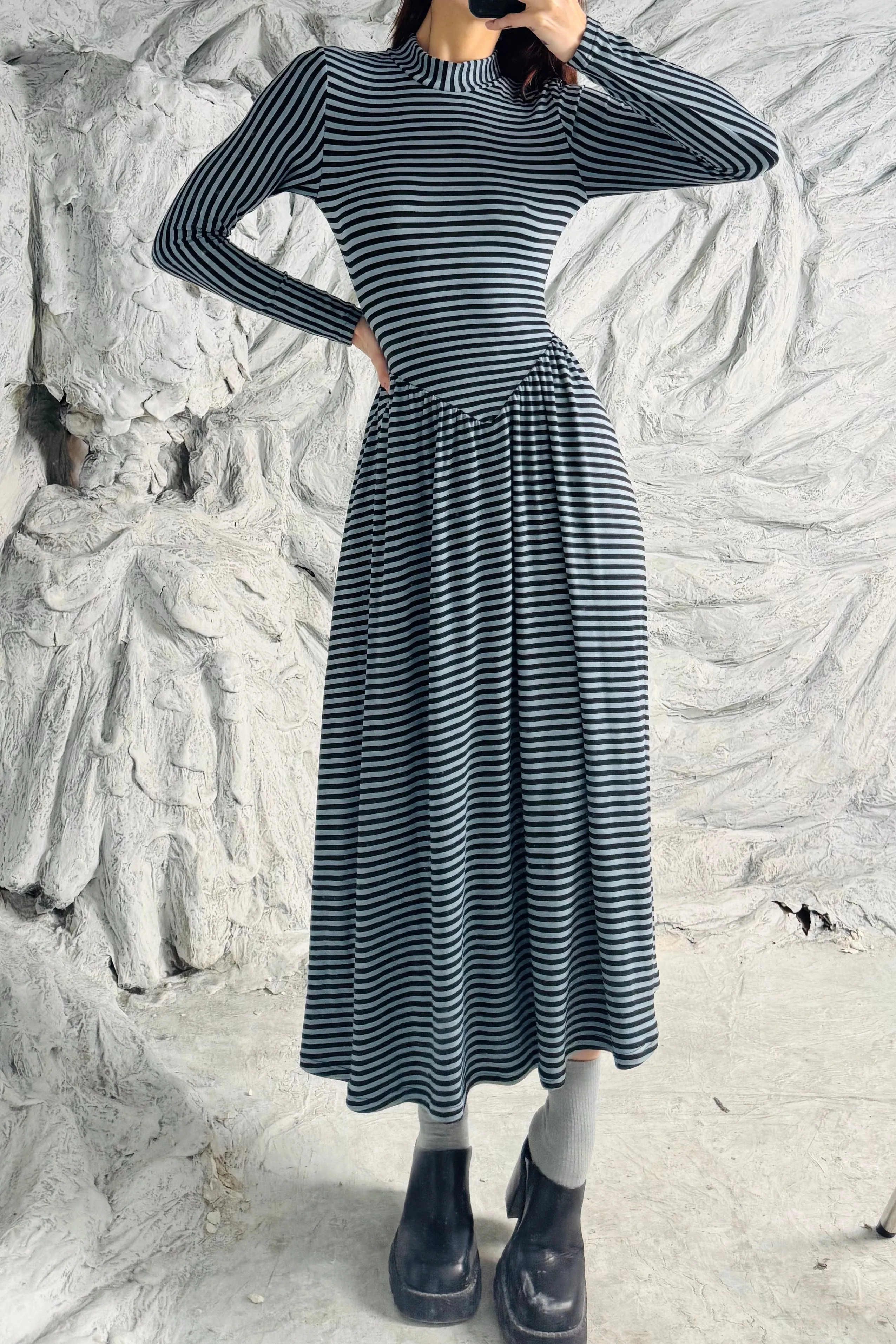 SAMPLE #302 - S Blue Striped Wool/tencel Long Sleeve Dress sold by Fashion Brand Company
