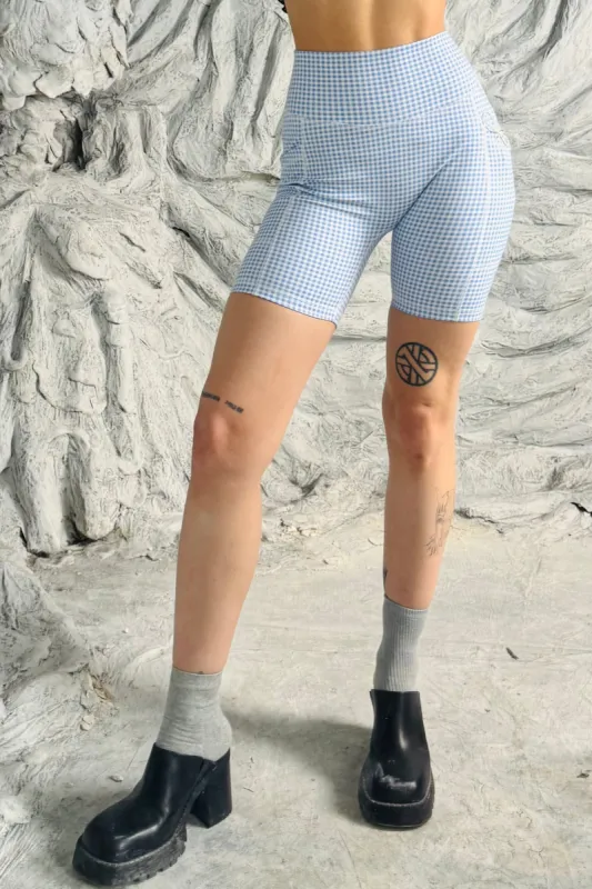 SAMPLE #306 - S Blue ginghamYoga Pocket Shorts sold by Fashion Brand Company