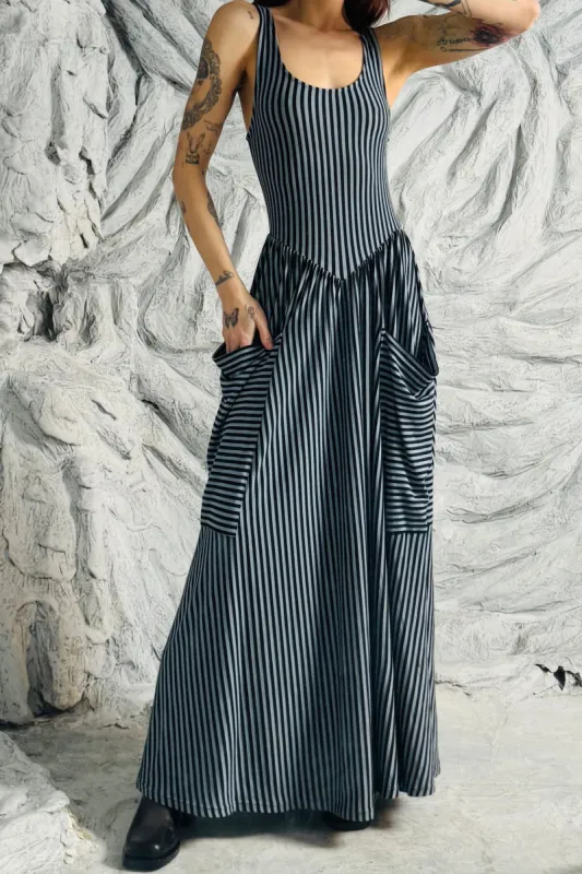 SAMPLE #307 - S Blue Striped big pockets Wool/tencel Dress made by Fashion Brand Company