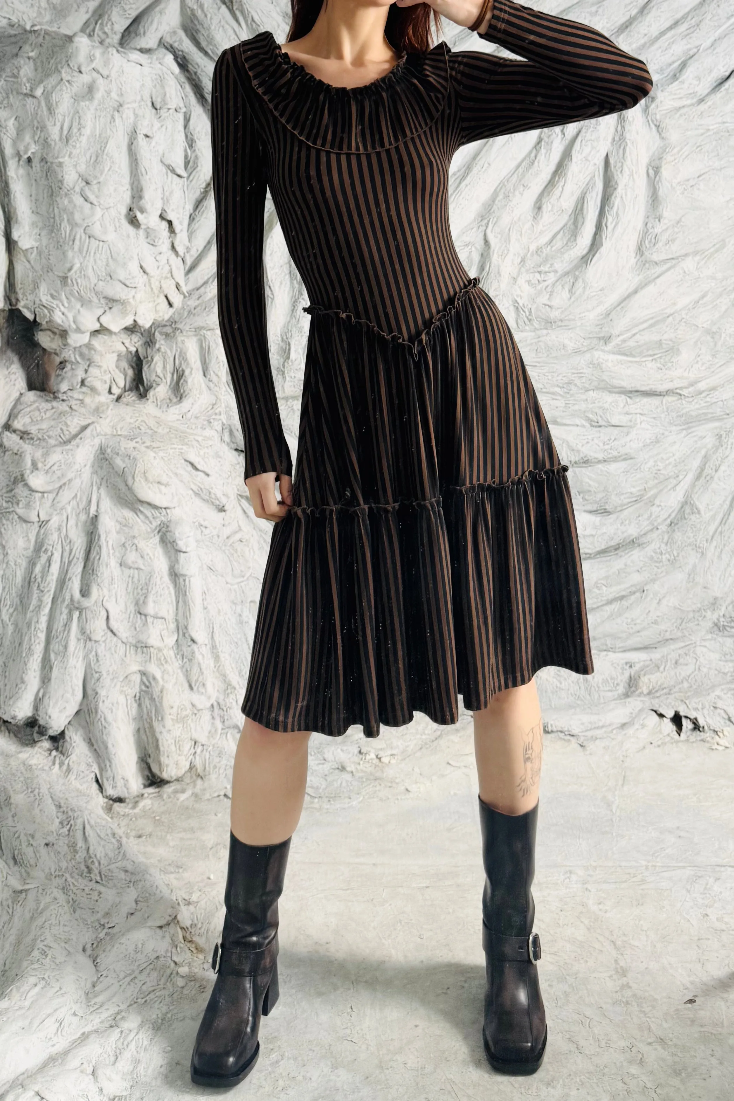 SAMPLE #309 - S Brown Striped wool/tencel Ruffle Dress sold by Fashion Brand Company product image thumbnail 3