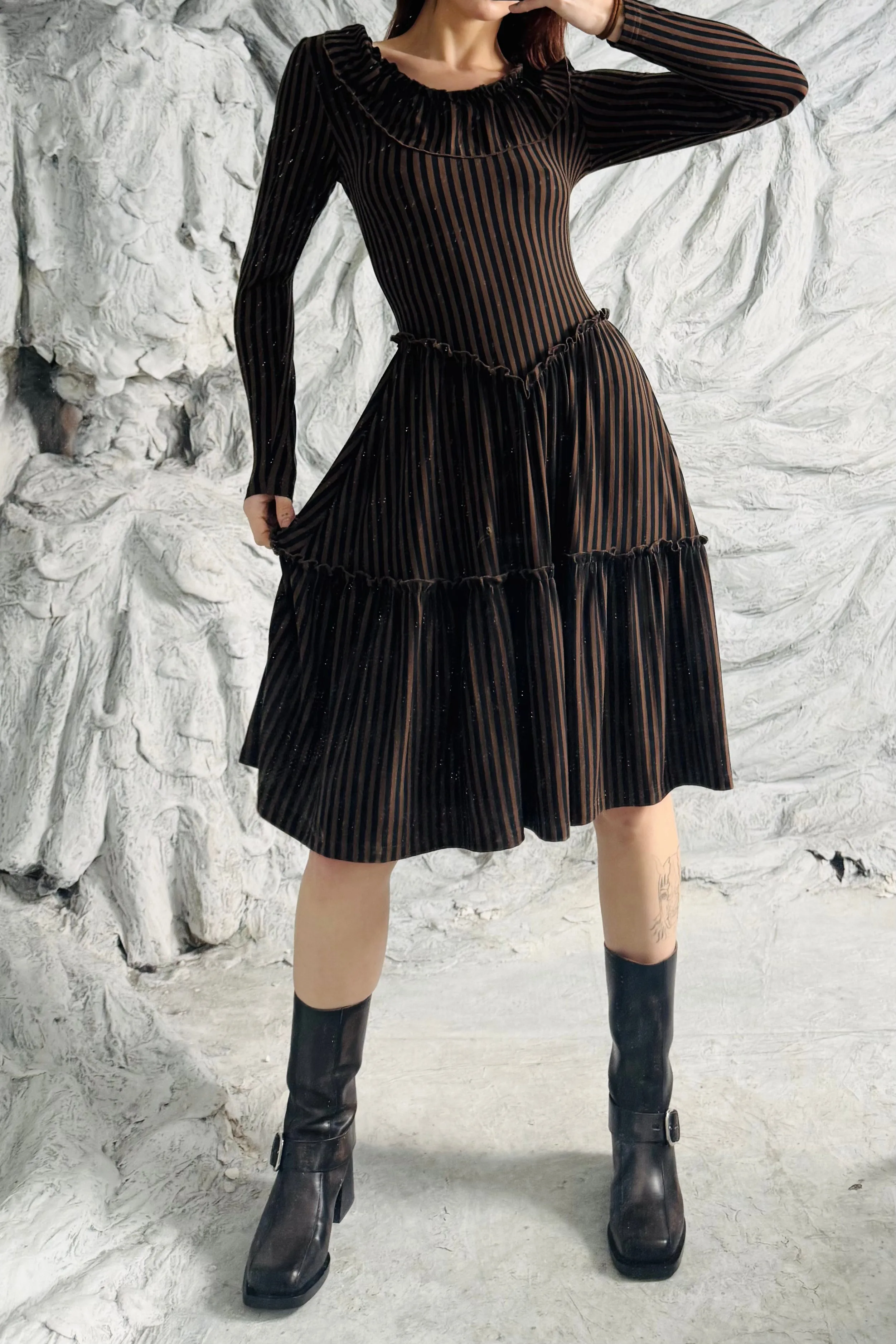 SAMPLE #309 - S Brown Striped wool/tencel Ruffle Dress sold by Fashion Brand Company