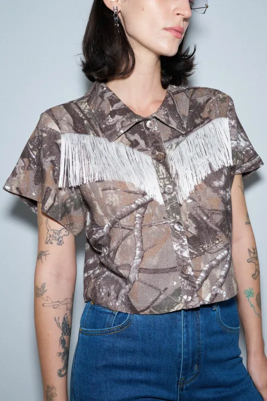1 left- Fringe Blouse Forest Camo Thick Linen made by Fashion Brand Company