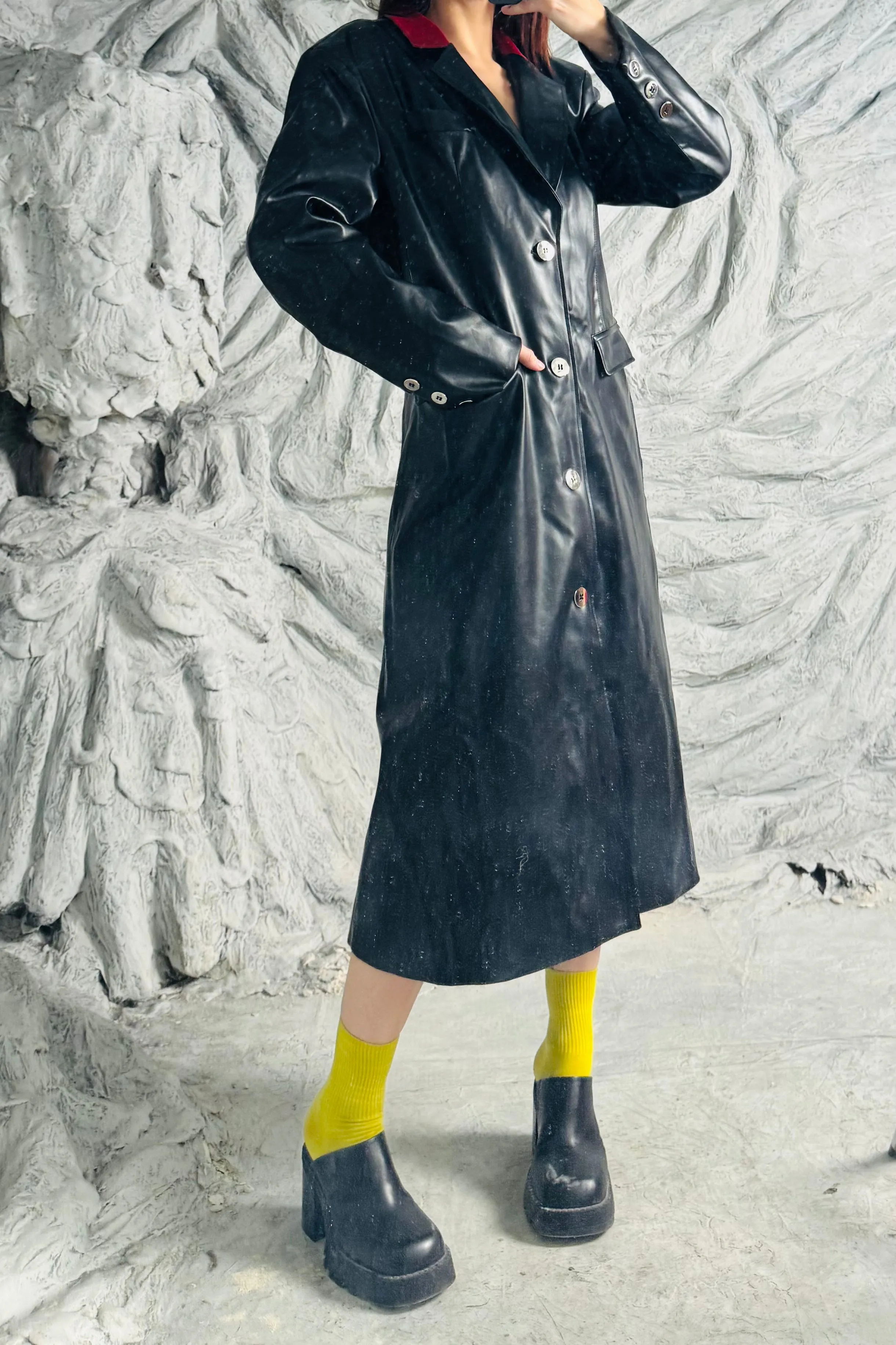 SAMPLE 383 - S Plant Faux Leather Trench Red/Black sold by Fashion Brand Company