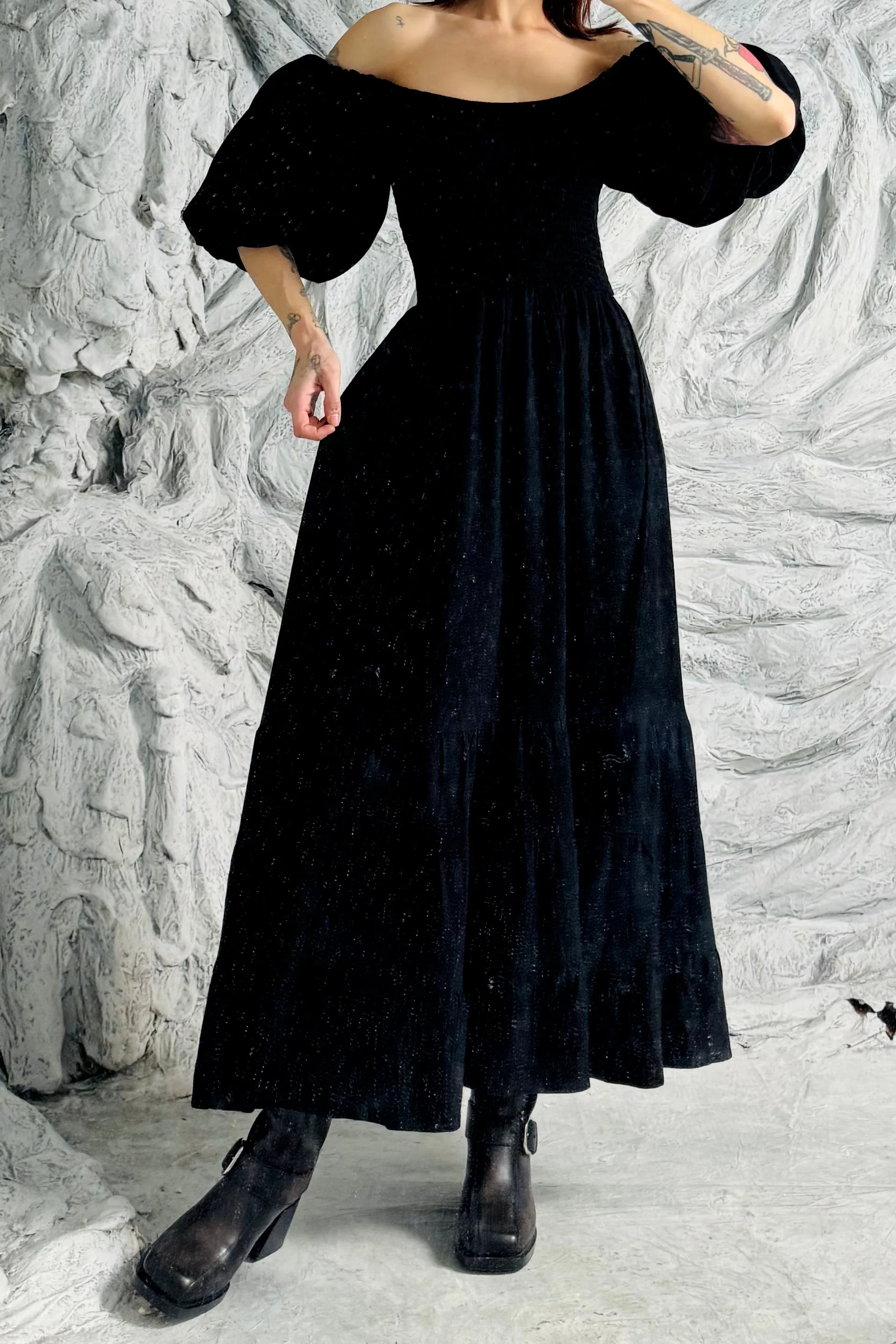 SAMPLE #365 - S Black Puff Sleeve Linen Maxi Dress sold by Fashion Brand Company
