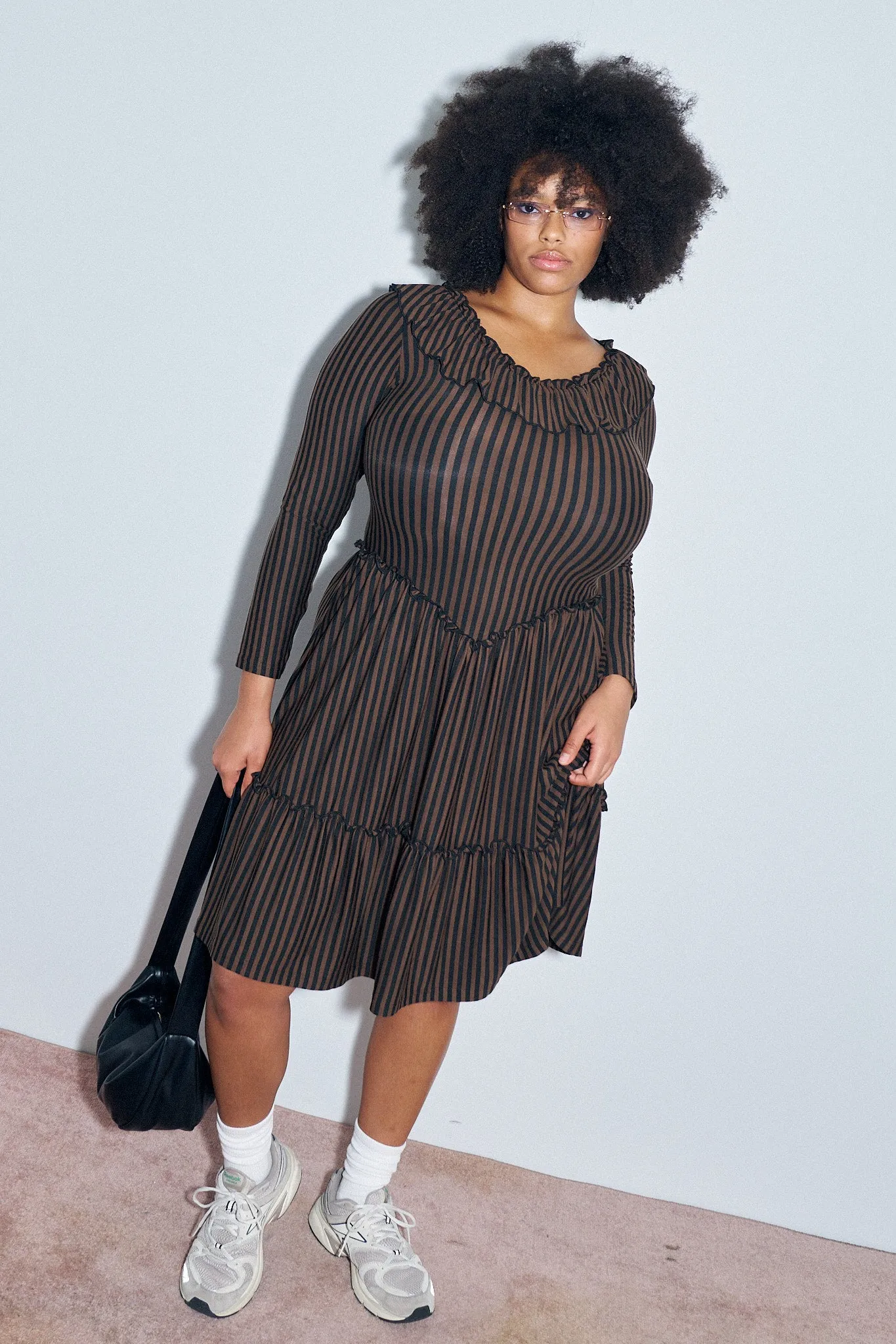 1 left - Long Sleeve Ruffle Midi Dress Brown Stripe sold by Fashion Brand Company product image thumbnail 2
