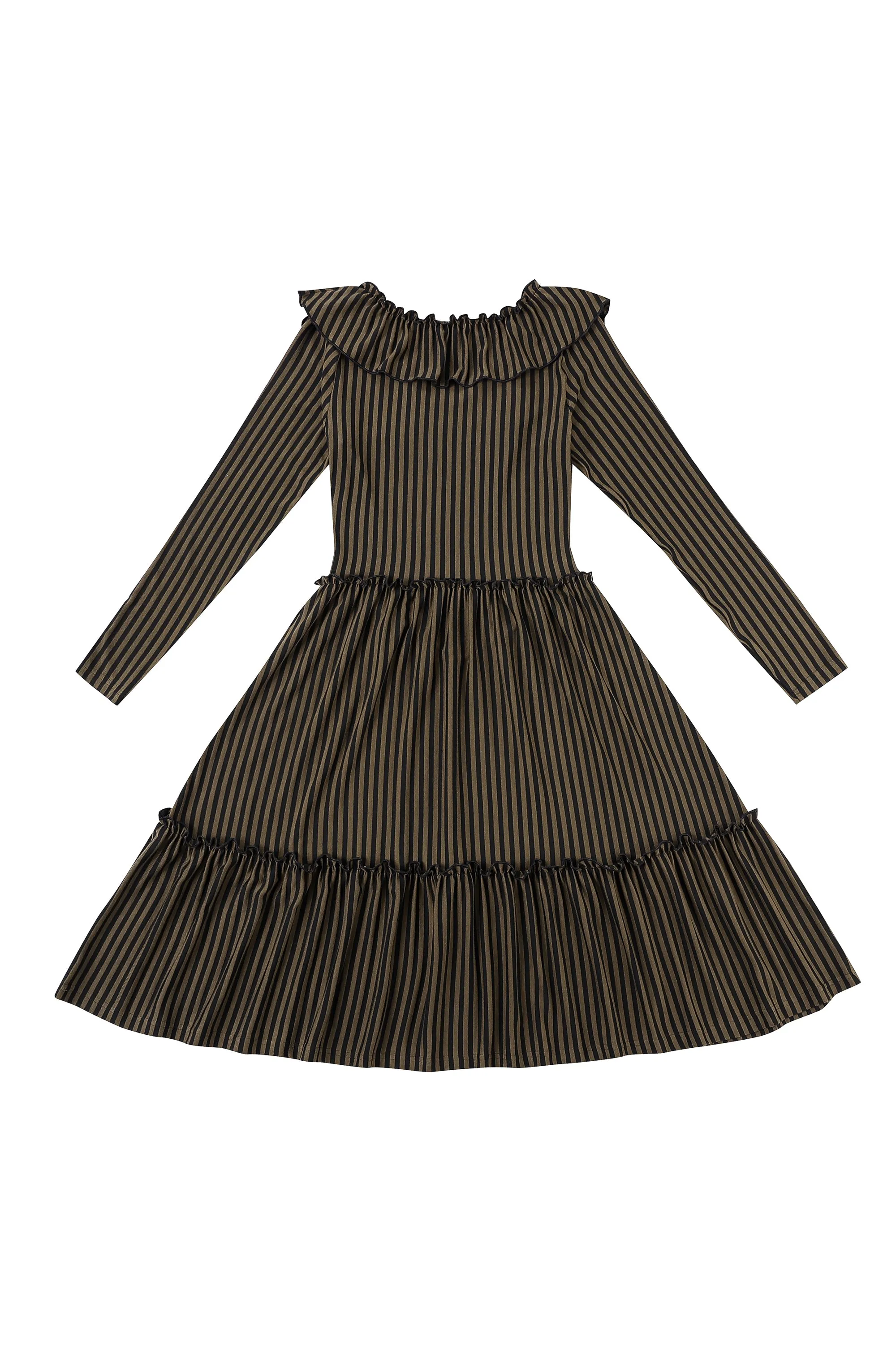 1 left - Long Sleeve Ruffle Midi Dress Brown Stripe sold by Fashion Brand Company product image thumbnail 4