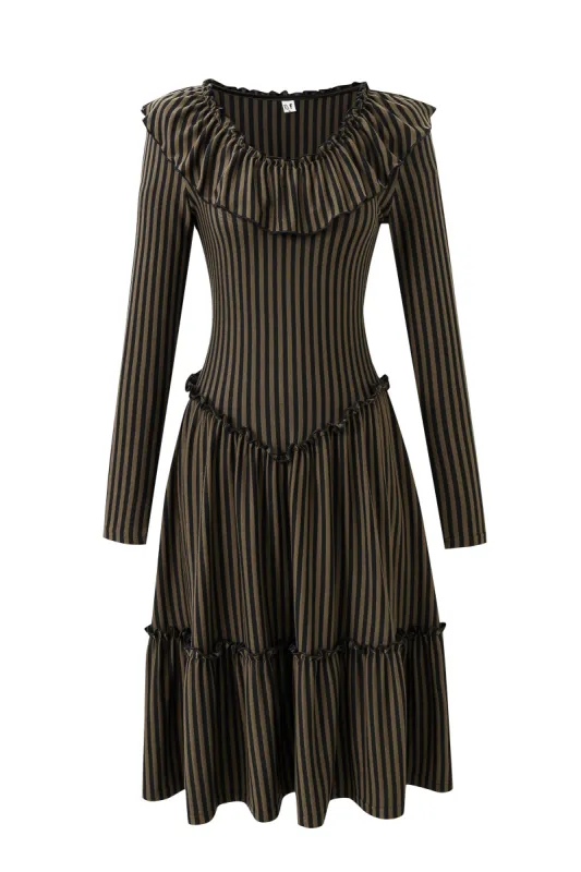 Brown Striped Tencel/Wool Long Sleeve Ruffle Dress sold by Fashion Brand Company