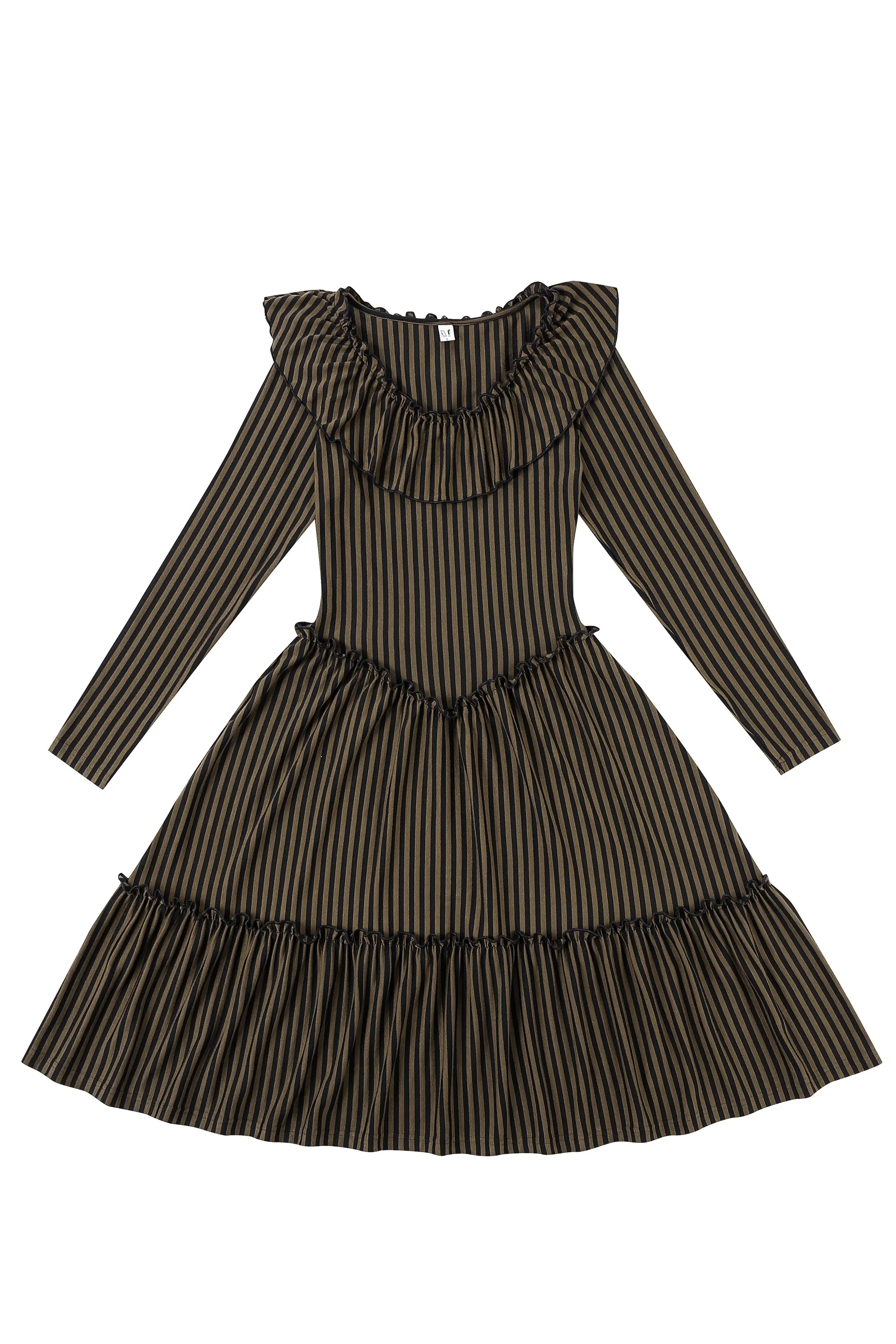 1 left - Long Sleeve Ruffle Midi Dress Brown Stripe sold by Fashion Brand Company product image thumbnail 3