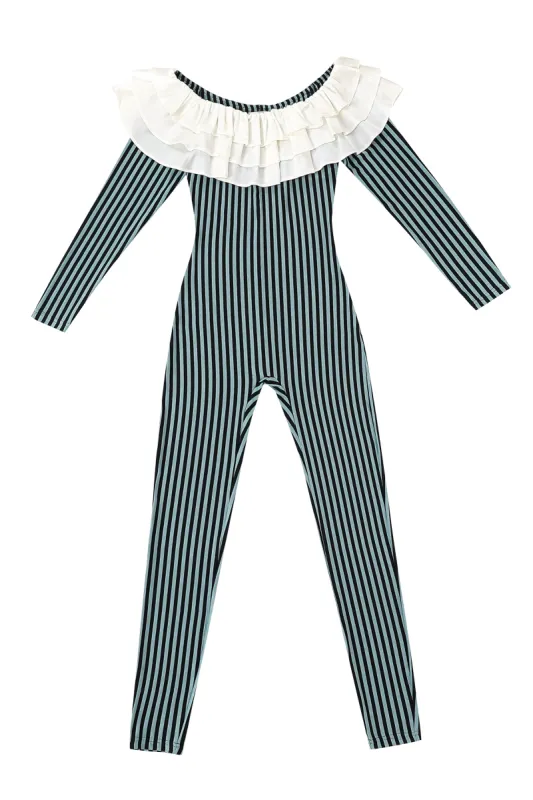 Pierrot Jumpsuit with Silk Collar Blue Stripe made by Fashion Brand Company