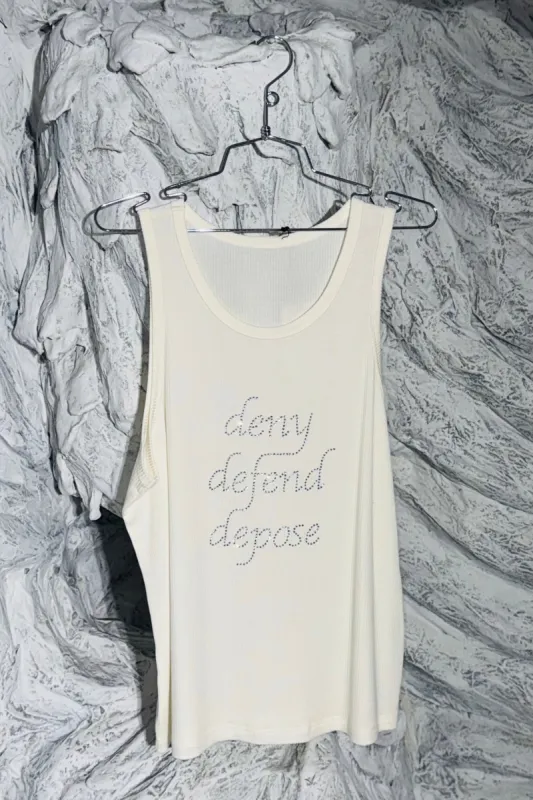 SAMPLE #74 - L Tencel Bedazzled Deny Defend Depose Tank sold by Fashion Brand Company
