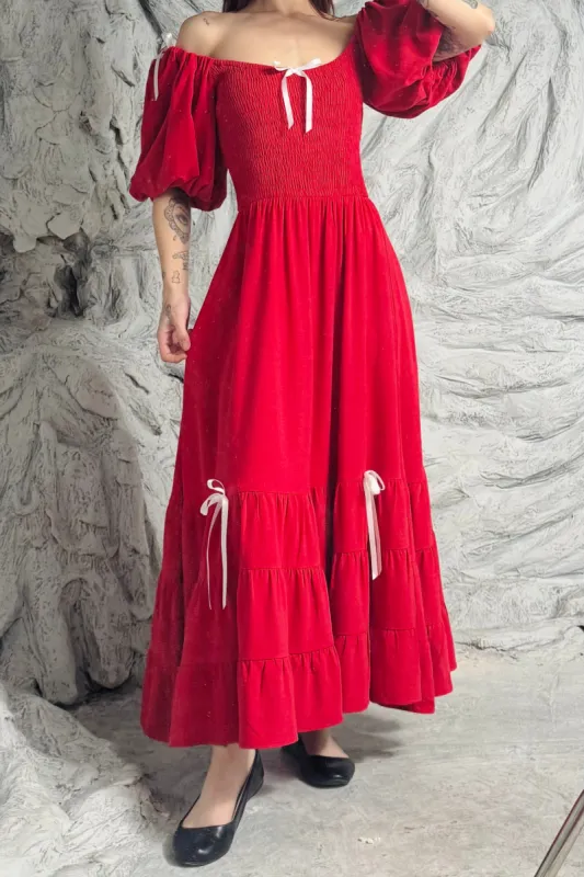 SAMPLE #105 - S/M Red Linen Puff Sleeve Maxi made by Fashion Brand Company