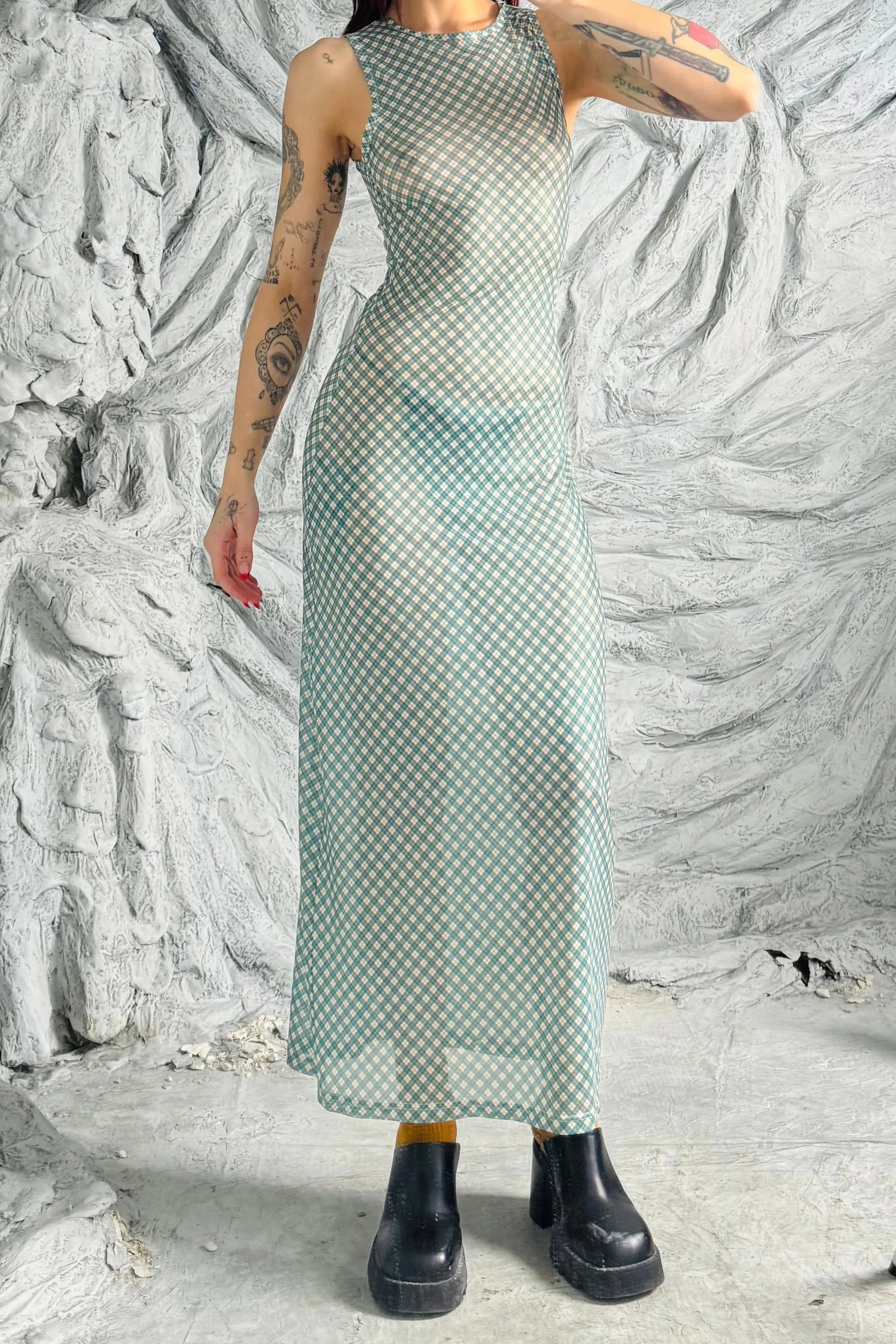 SAMPLE #28 - S Blue Plaid Mesh Maxi Dress sold by Fashion Brand Company