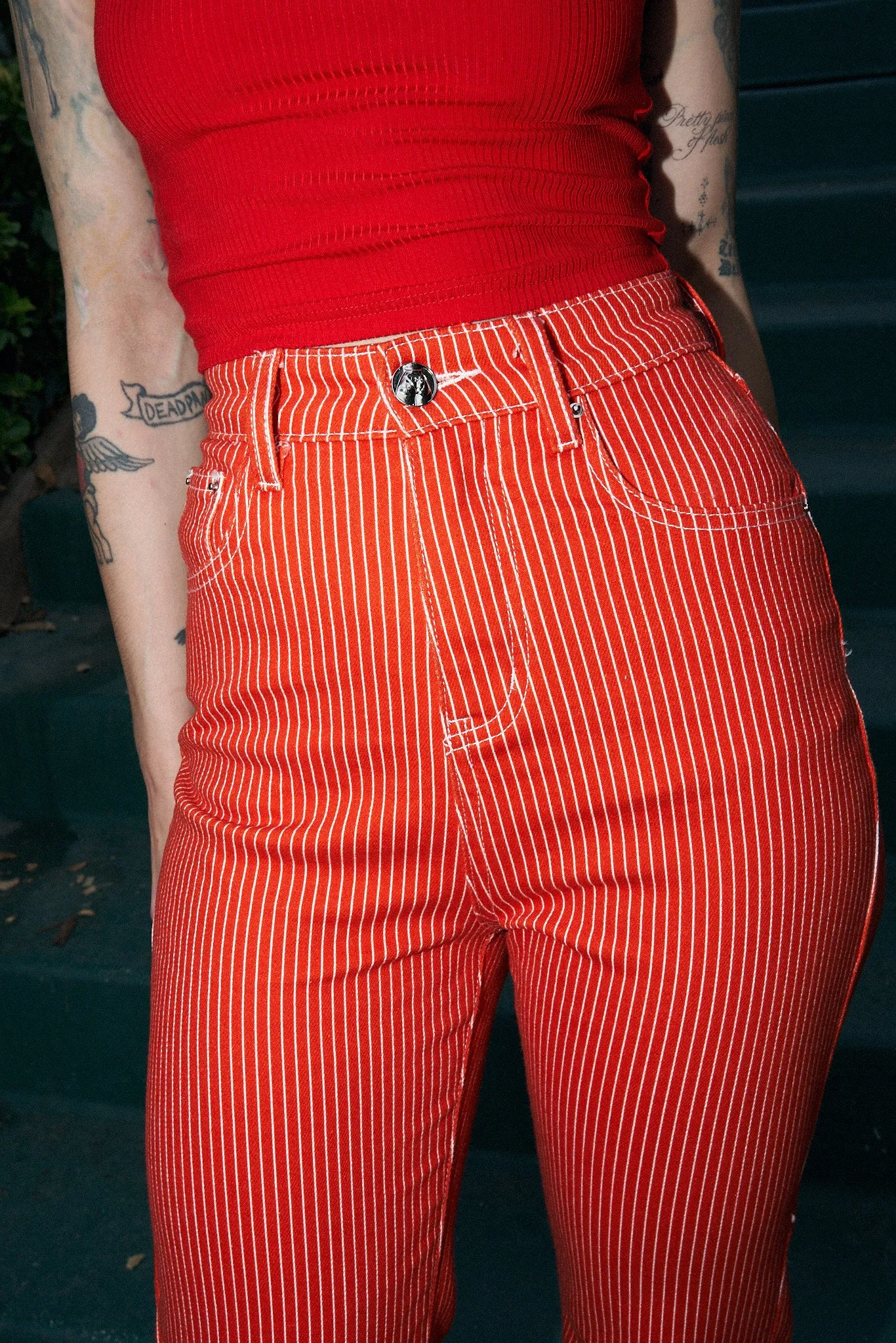 Red Thin Striped Railroad Jeans sold by Fashion Brand Company product image thumbnail 5