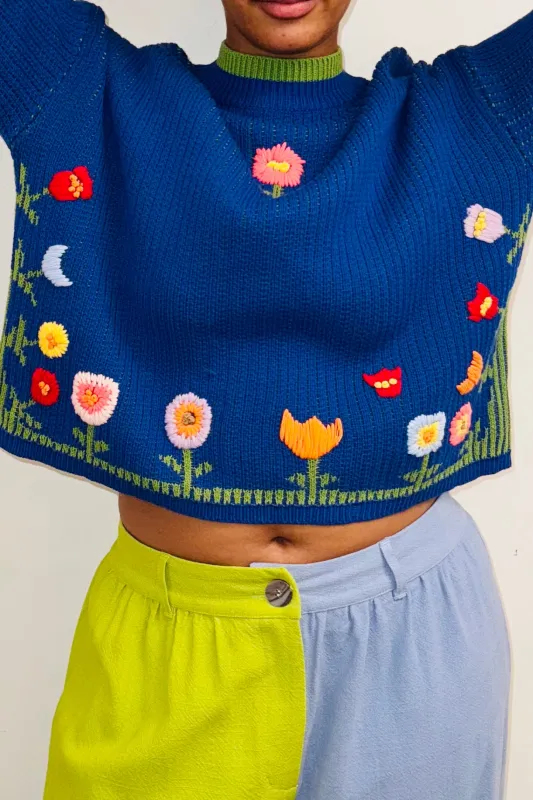 SAMPLE #148- S Blue Lots of Flowers Cotton Sweater sold by Fashion Brand Company