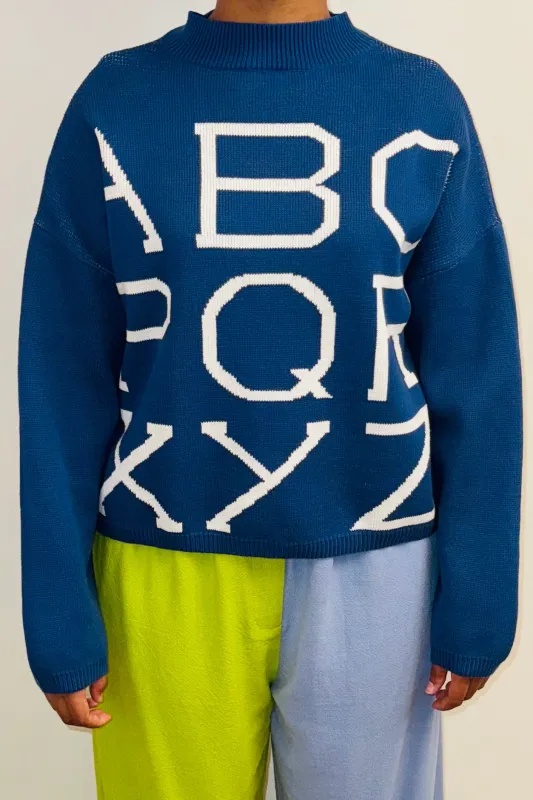 SAMPLE #147- S Blue Alphabet Cotton Sweater made by Fashion Brand Company