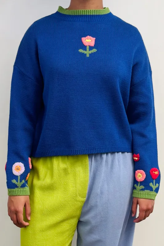 SAMPLE #142- S Blue Floral Cotton Sweater sold by Fashion Brand Company
