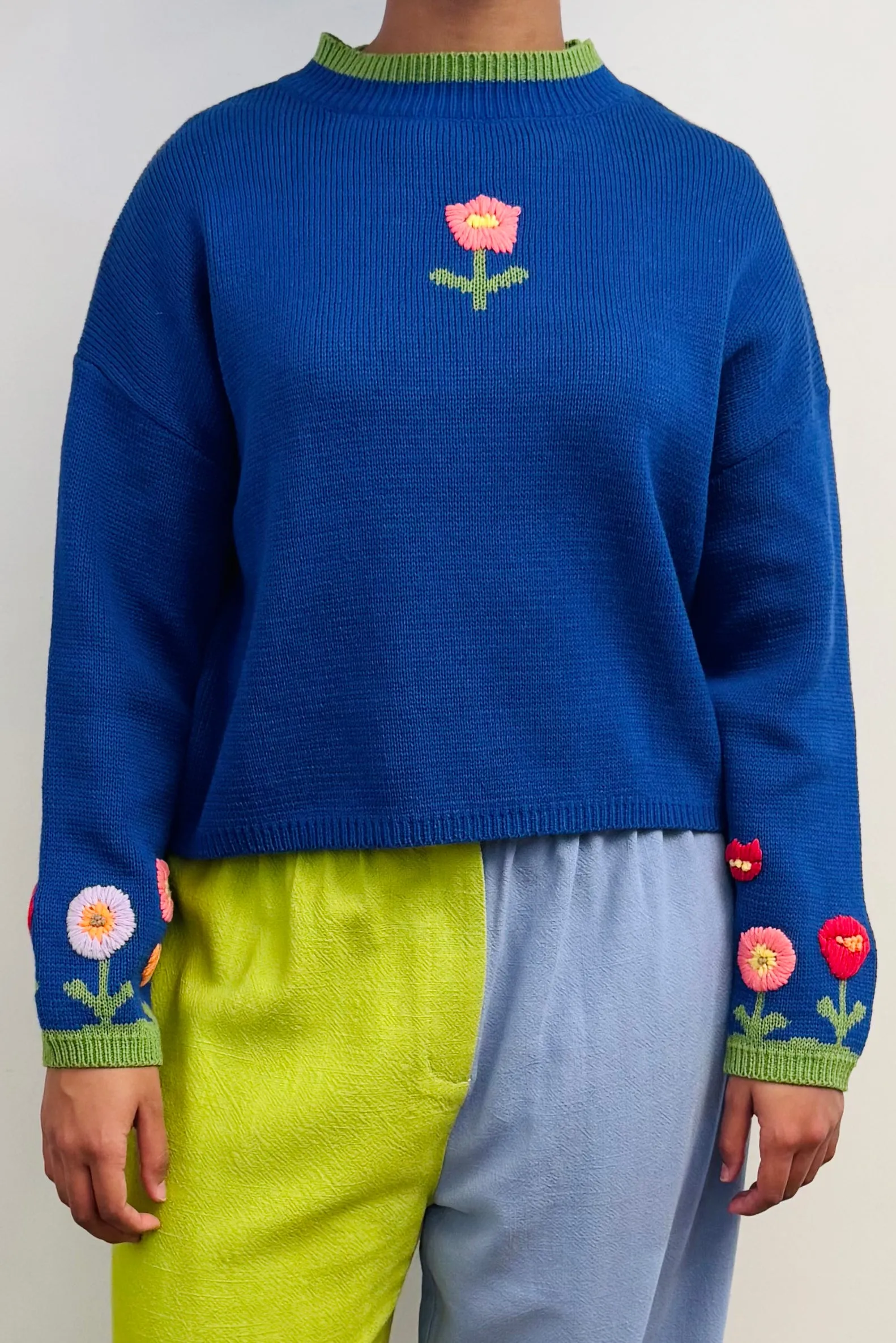 SAMPLE #142- S Blue Floral Cotton Sweater sold by Fashion Brand Company