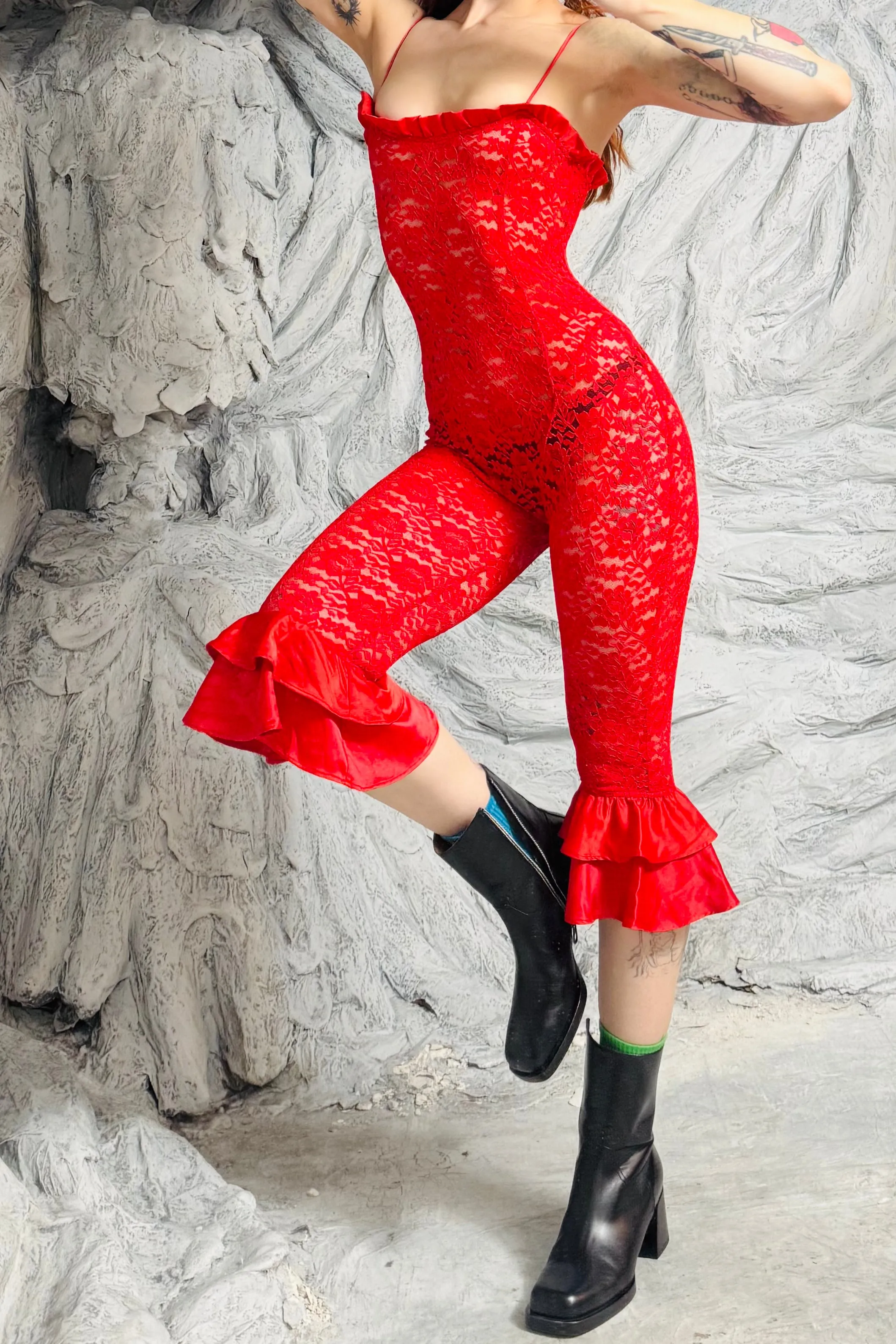 SAMPLE #139 - S Red Ruffle Lace Bodysuit sold by Fashion Brand Company