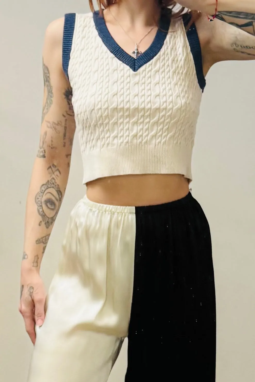 SAMPLE #177 - xS/S Viscose Cream/Navy Crop Sweater vest sold by Fashion Brand Company