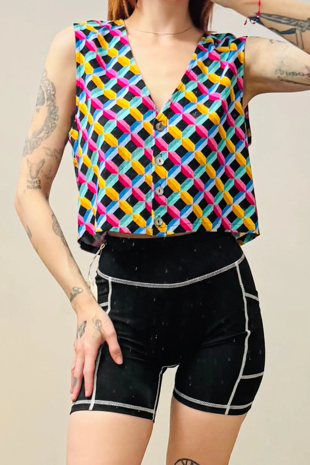 SAMPLE #173 - S/M Black Geometric Linen Vest sold by Fashion Brand Company