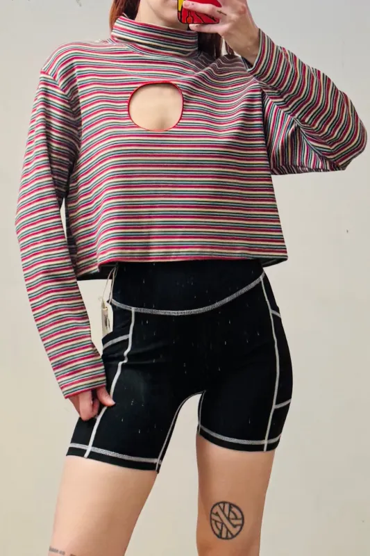 SAMPLE #171 - M Striped Hole Turtleneck Top made by Fashion Brand Company