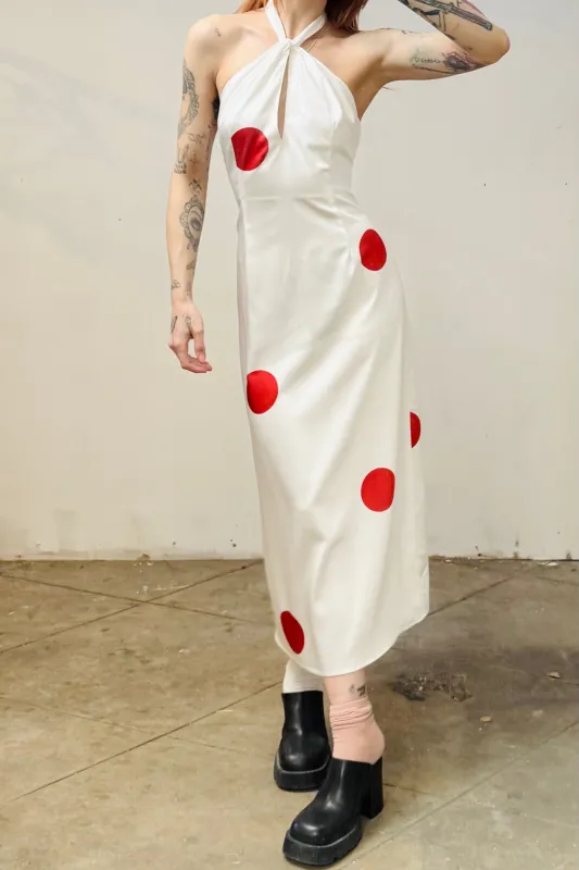 SAMPLE #166 - S White Polka Dot Satin Maxi sold by Fashion Brand Company
