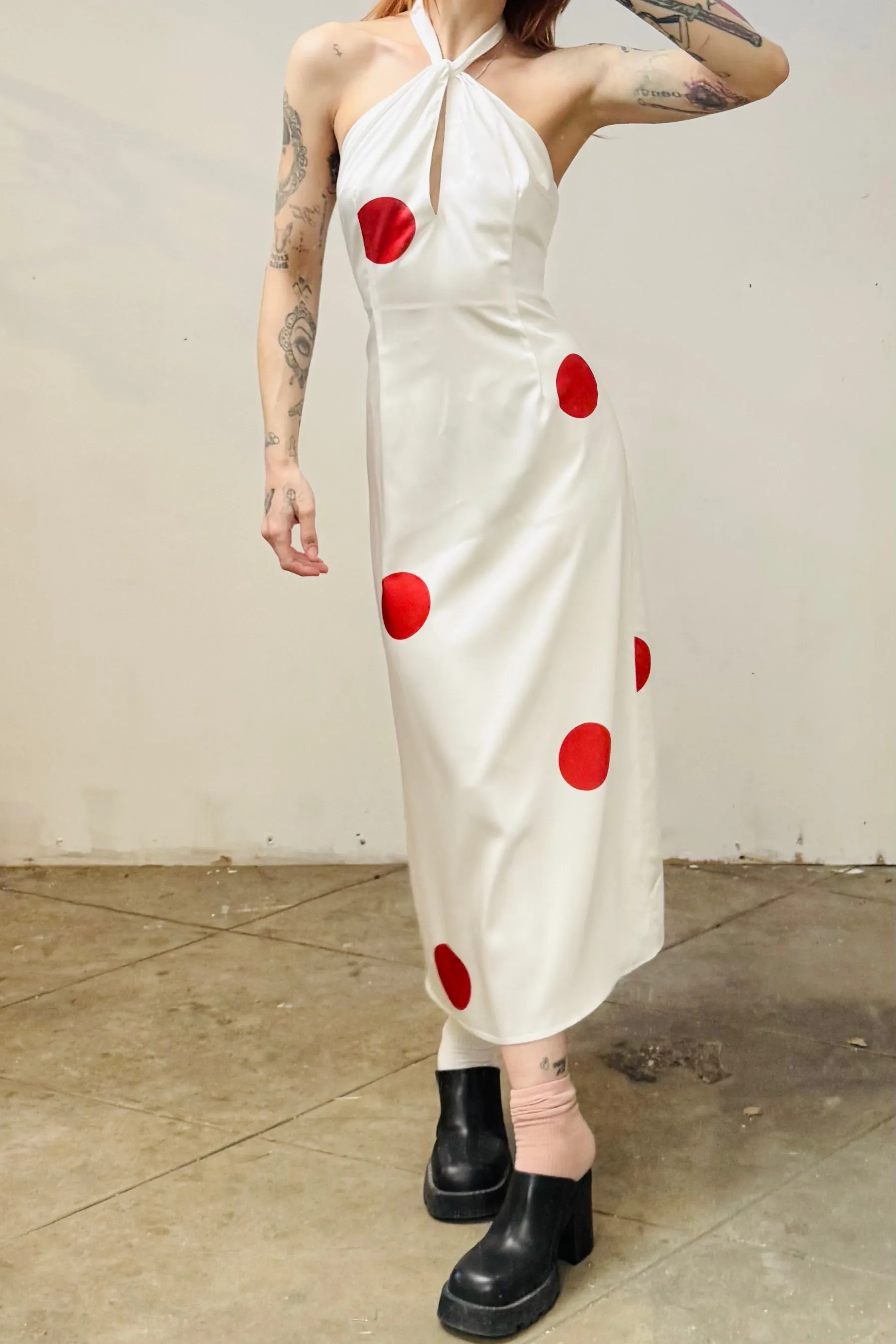 SAMPLE #166 - S White Polka Dot Satin Maxi sold by Fashion Brand Company