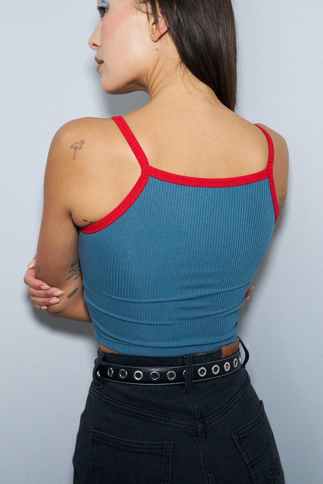 1 left- Camp Tank Tencel rib Dusty Dolphin/Maraschino sold by Fashion Brand Company