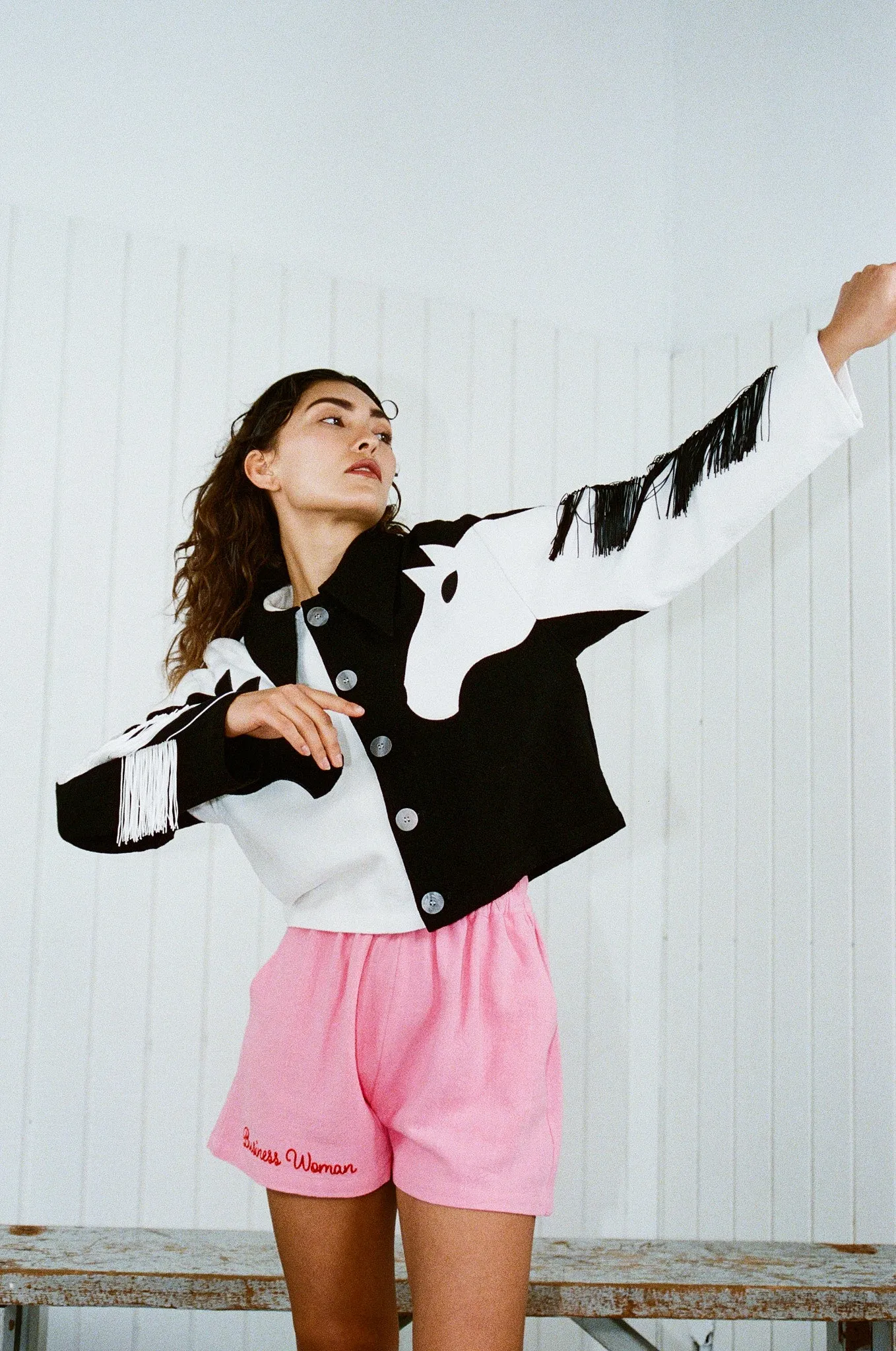 Dueling Horses Linen Crop Jacket Black/White sold by Fashion Brand Company product image thumbnail 5