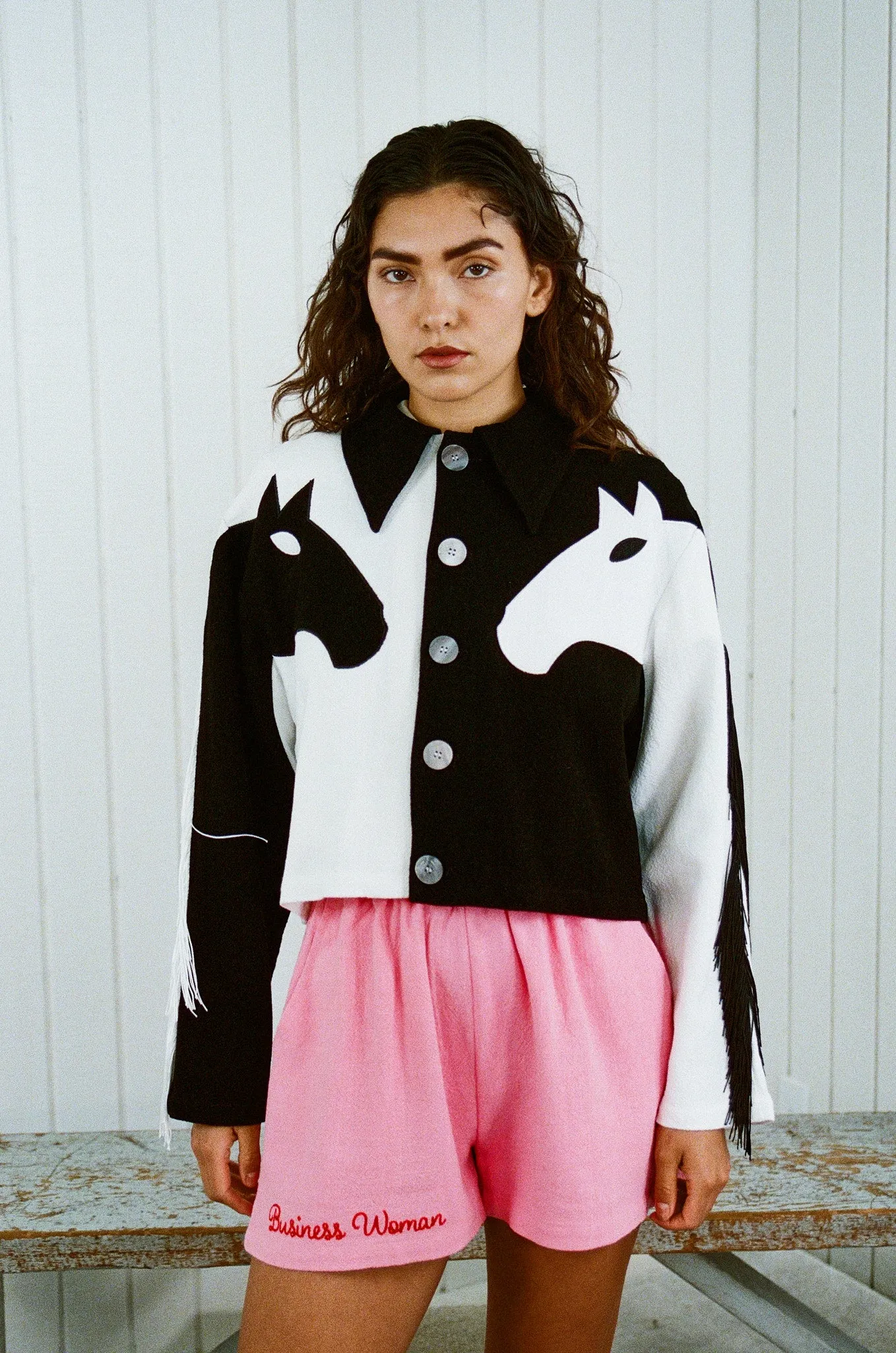 Dueling Horses Linen Crop Jacket Black/White sold by Fashion Brand Company product image thumbnail 3