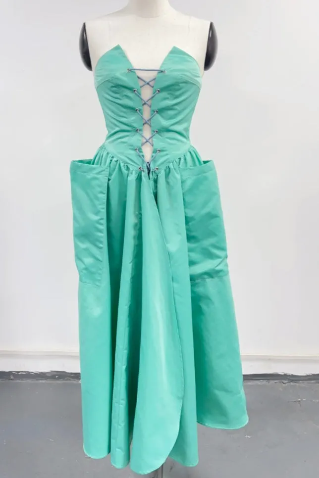 SAMPLE #207 - S Teal Lace Up Pocket Gown sold by Fashion Brand Company