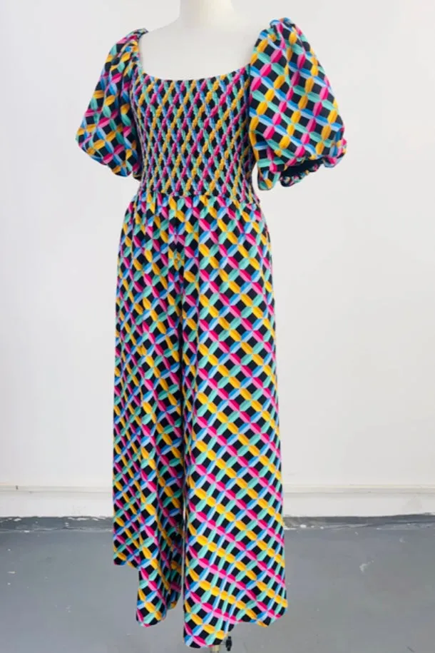 SAMPLE #205 - M Black Geometric Linen Picnic Romper sold by Fashion Brand Company