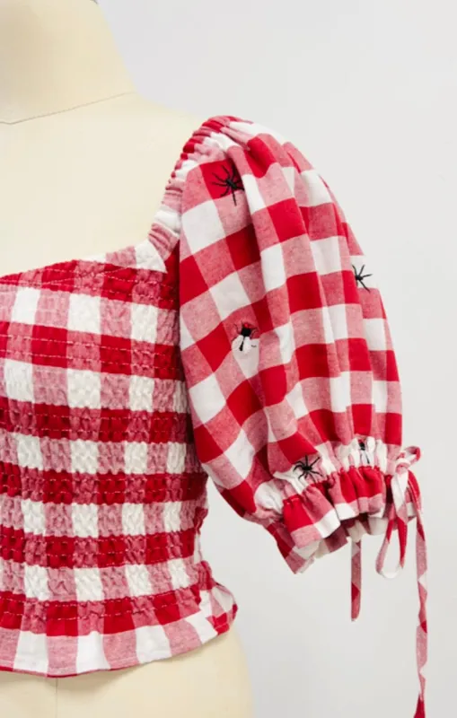 SAMPLE #188 - S Gingham Bugs Smocked Peasant Blouse made by Fashion Brand Company
