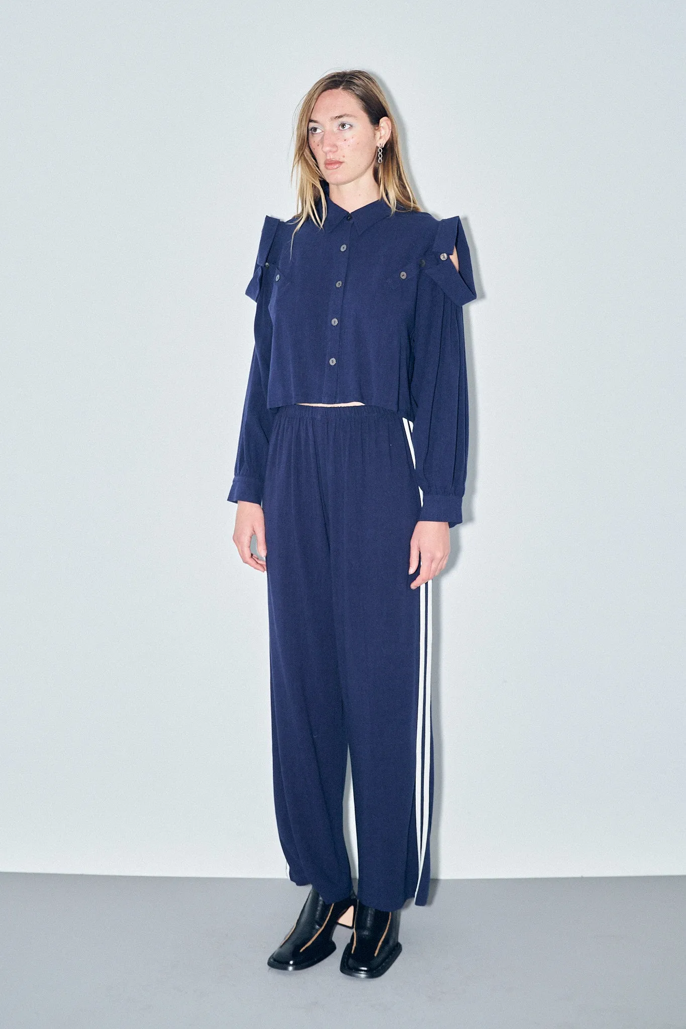 3 Collar Navy Long Sleeve Soft Linen Blouse sold by Fashion Brand Company product image thumbnail 3