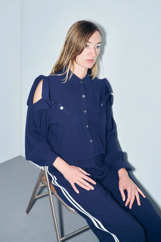 3 Collar Navy Long Sleeve Soft Linen Blouse made by Fashion Brand Company