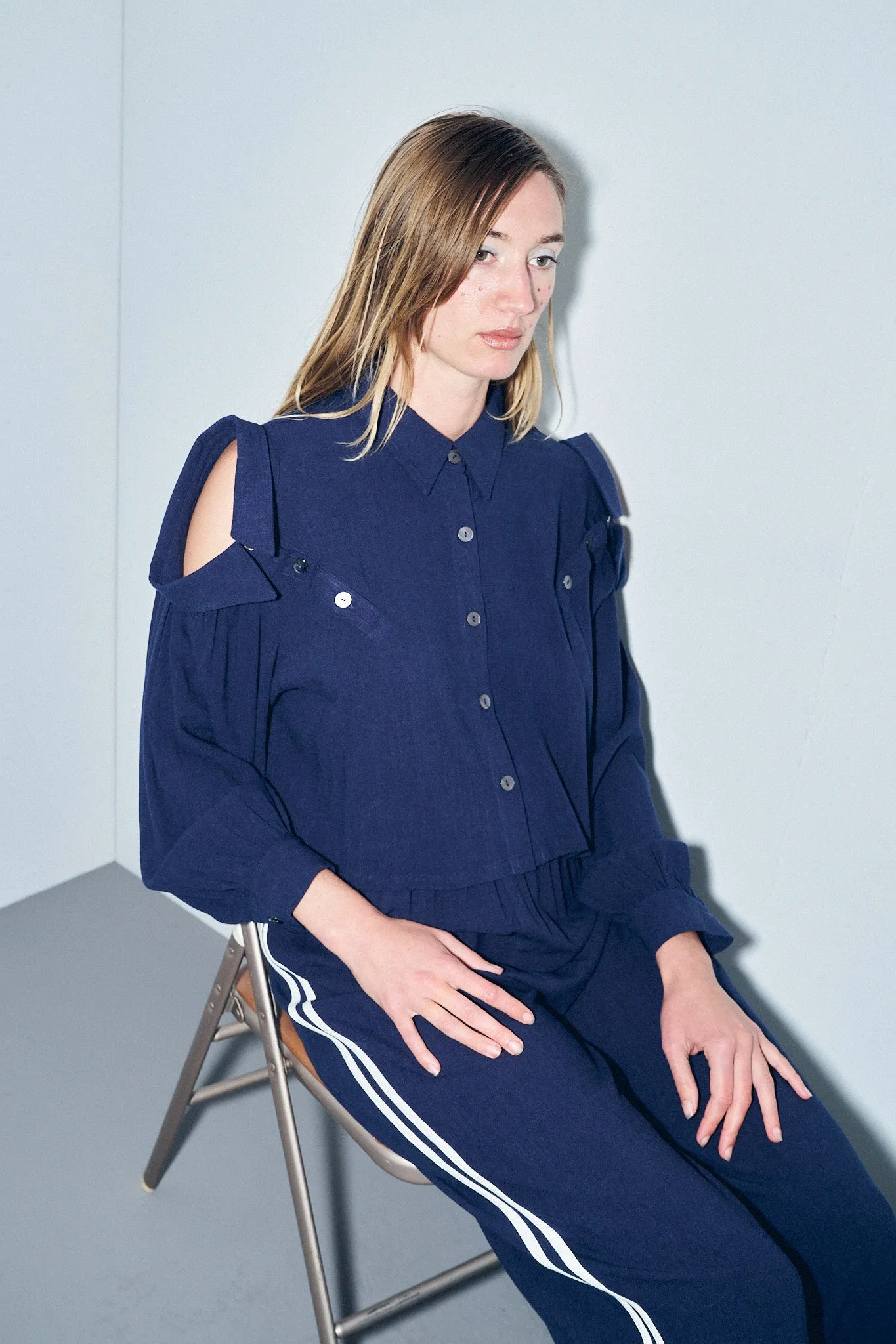 3 Collar Navy Long Sleeve Soft Linen Blouse sold by Fashion Brand Company