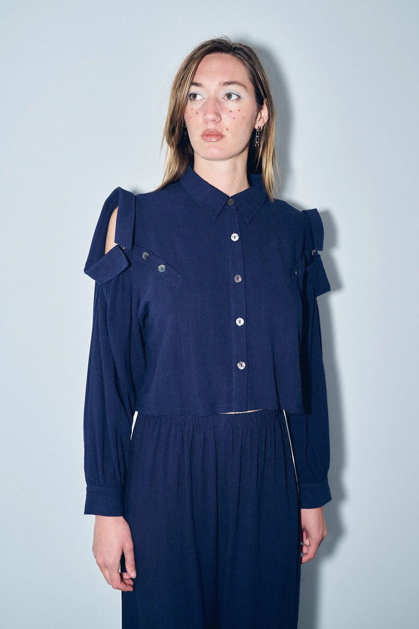 3 Collar Navy Long Sleeve Soft Linen Blouse sold by Fashion Brand Company product image thumbnail 5