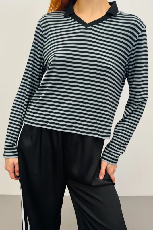 SAMPLE #279 - S Tencel Striped Cropped Rugby Shirt sold by Fashion Brand Company