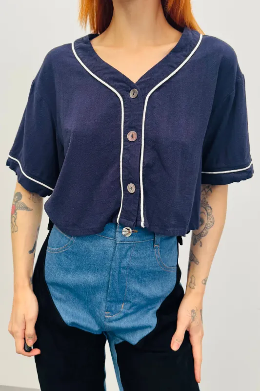 SAMPLE #278 - M Navy Baseball Soft Linen Crop Top sold by Fashion Brand Company