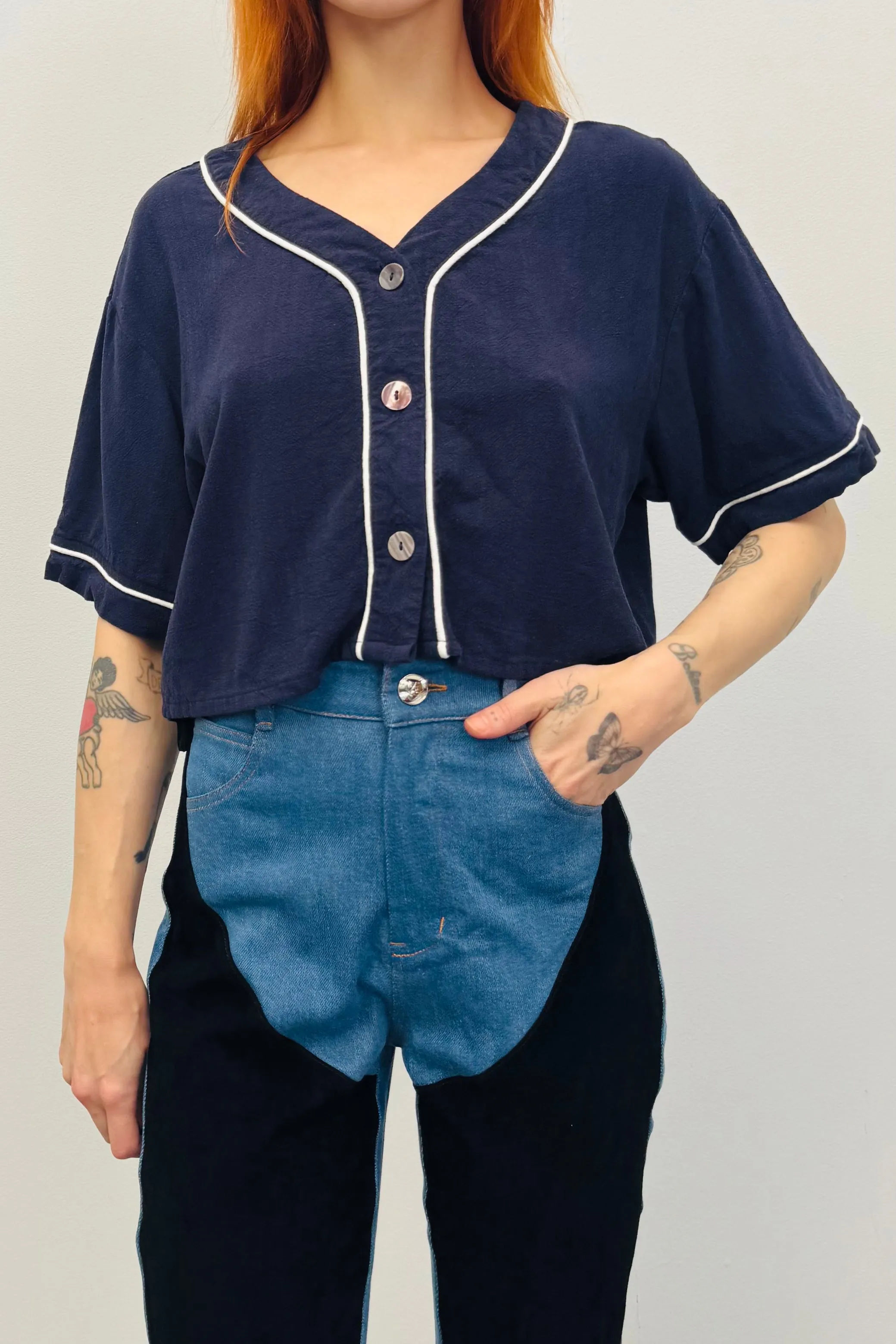 SAMPLE #278 - M Navy Baseball Soft Linen Crop Top sold by Fashion Brand Company product image thumbnail 2