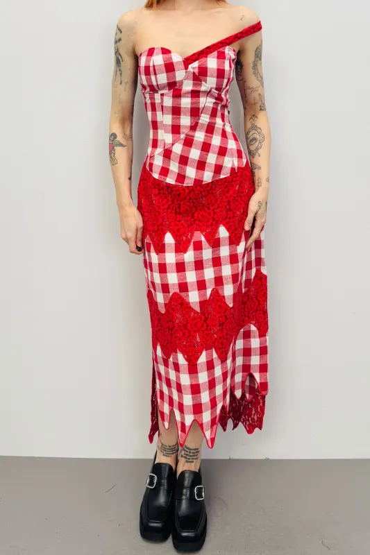SAMPLE #276 - S Bright Red Lace Gingham Maxi Dress made by Fashion Brand Company