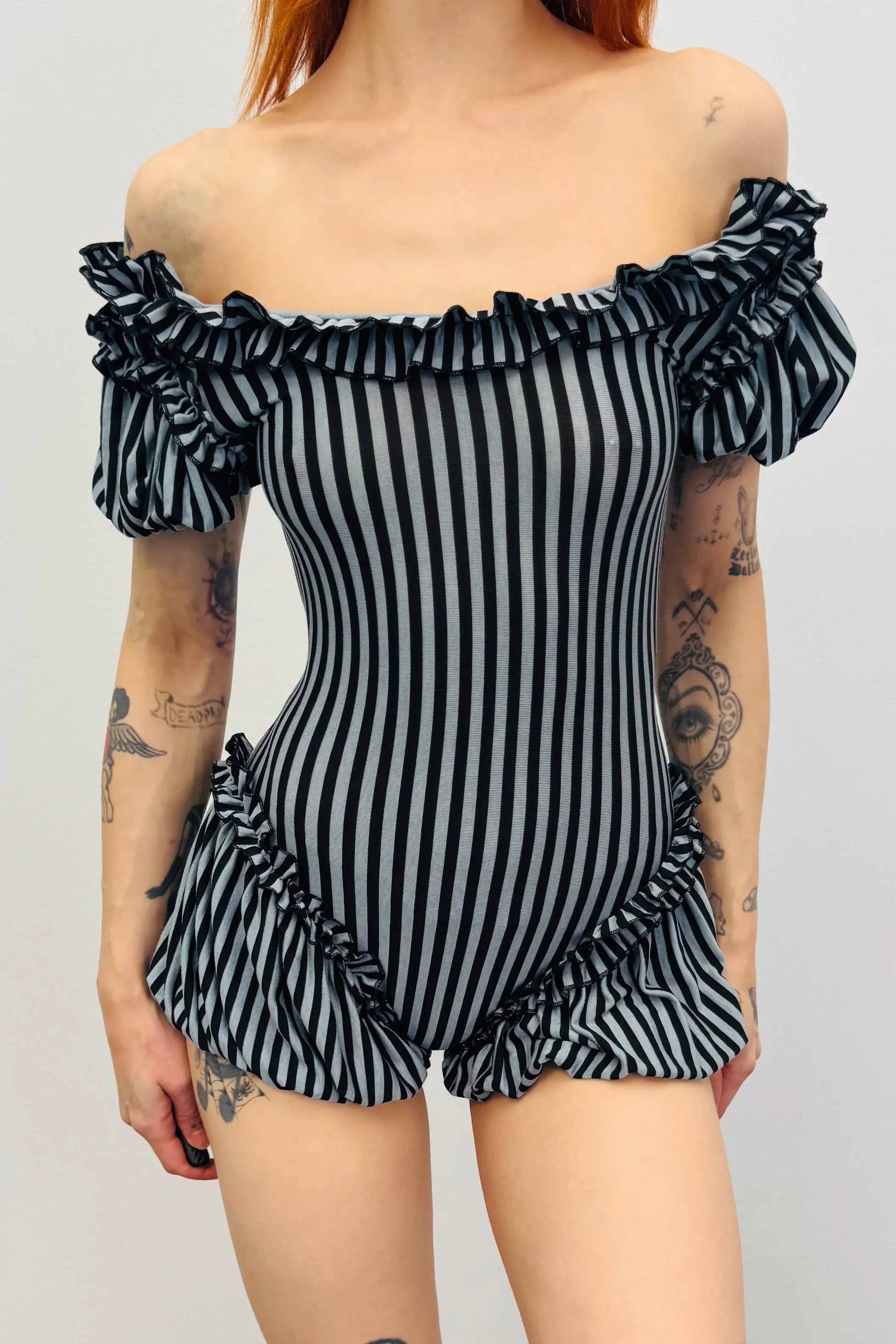 SAMPLE #284 - S Tencel Striped Jester Romper sold by Fashion Brand Company
