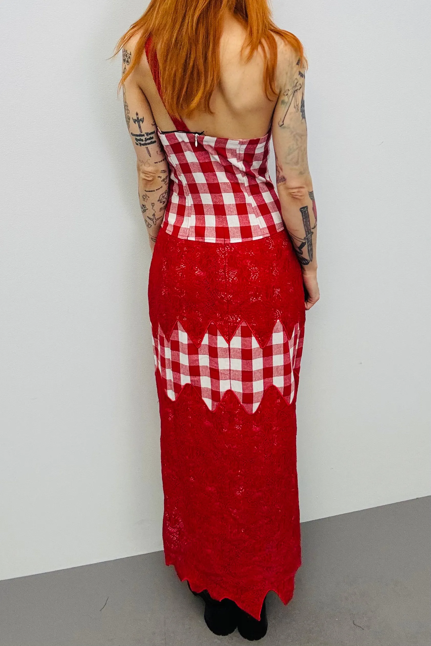 SAMPLE #270 - S Dark Red Lace Gingham Maxi Dress sold by Fashion Brand Company product image thumbnail 2