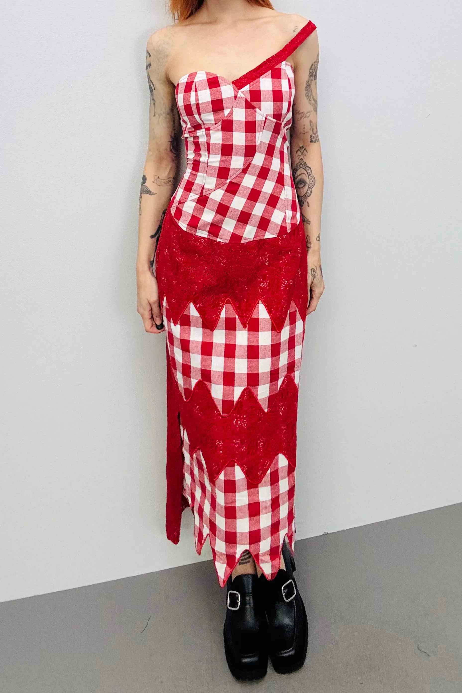 SAMPLE #270 - S Dark Red Lace Gingham Maxi Dress sold by Fashion Brand Company