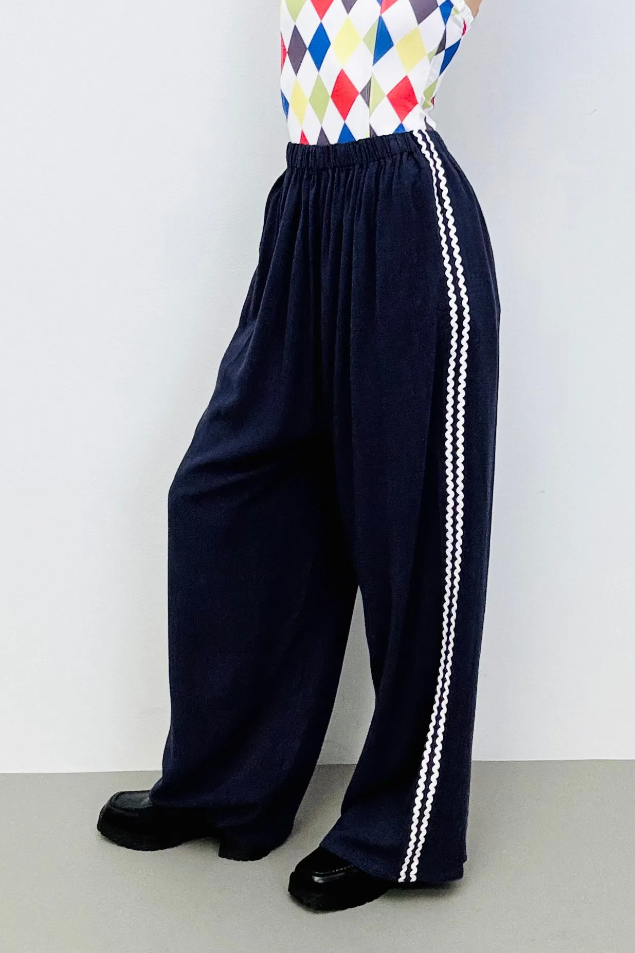 SAMPLE #224 - S Navy Bric a Brac Striped Linen Lazy Pant sold by Fashion Brand Company