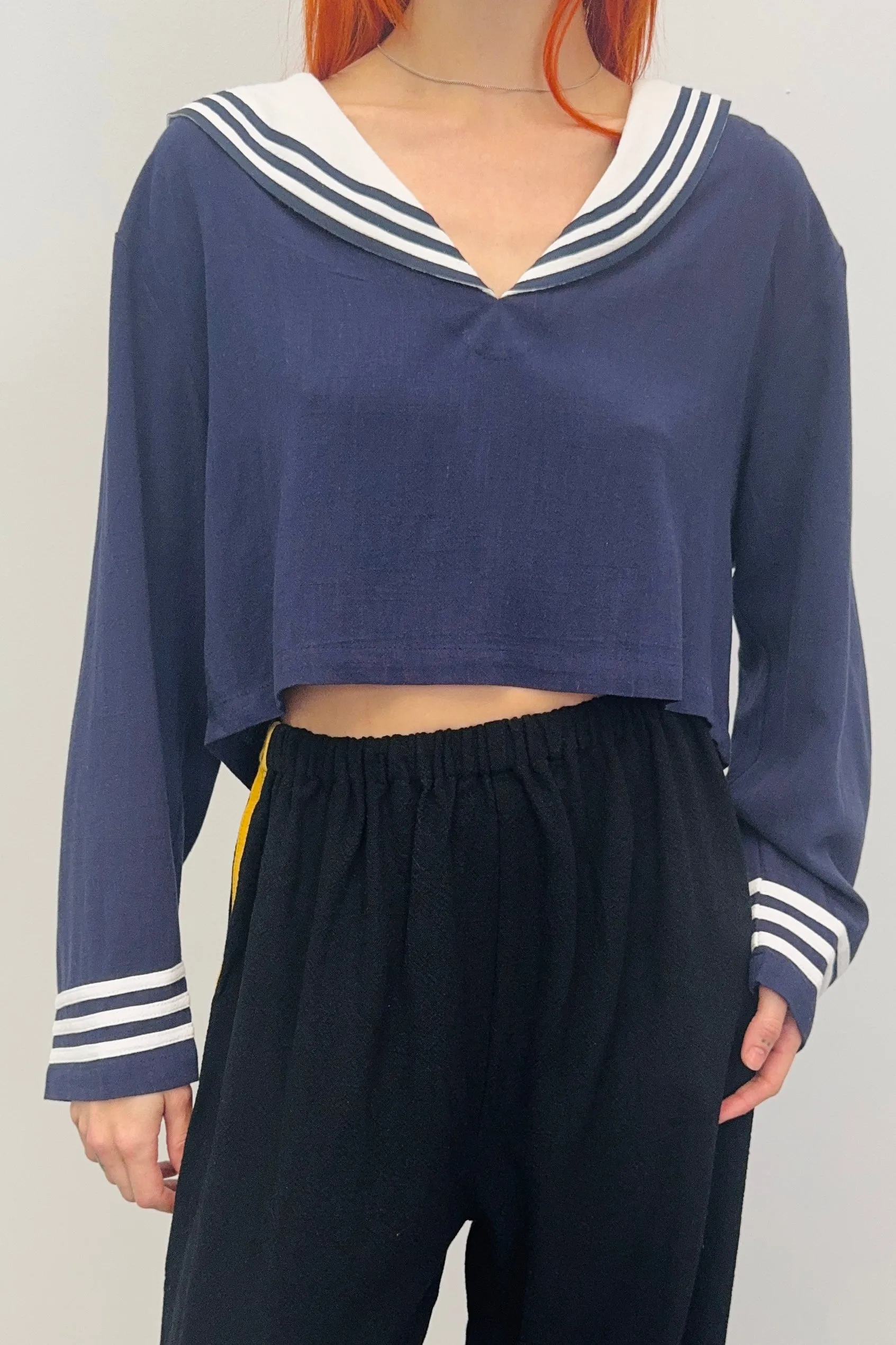 SAMPLE #363 - S Navy soft Linen Sailor Crop Top sold by Fashion Brand Company