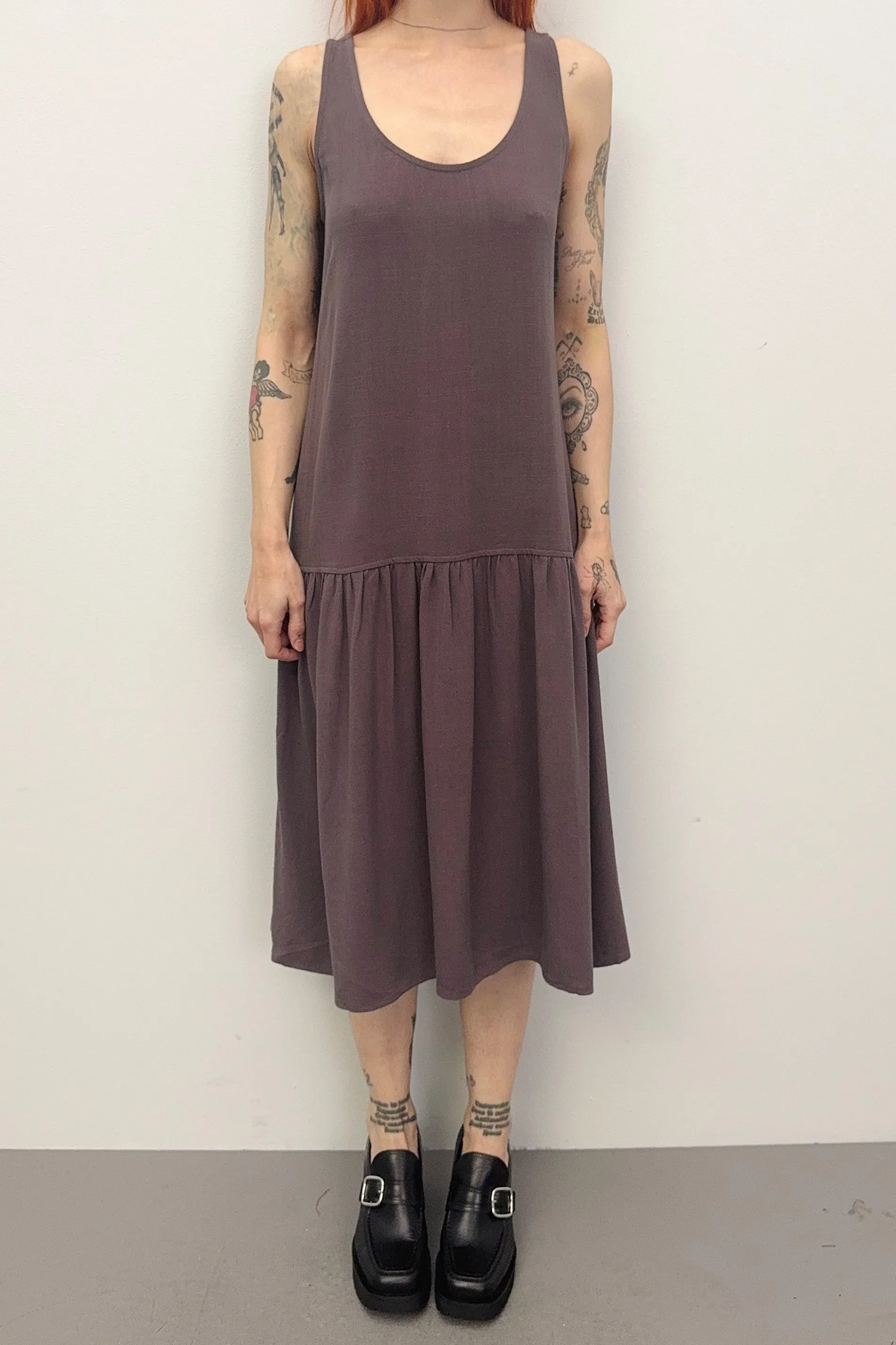 SAMPLE #324 - M BROWN/GRAY soft linen Midi Dress sold by Fashion Brand Company