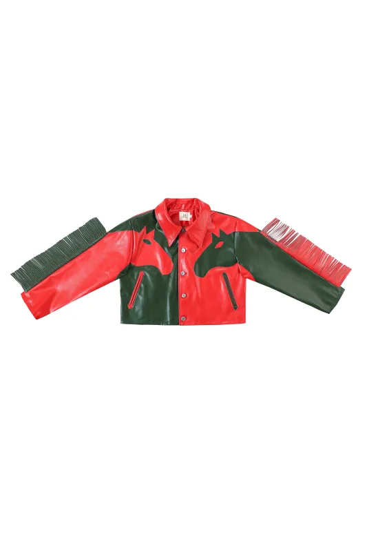 5 left - Plant Leather Dueling Horses Fringe Jacket Red/Green sold by Fashion Brand Company