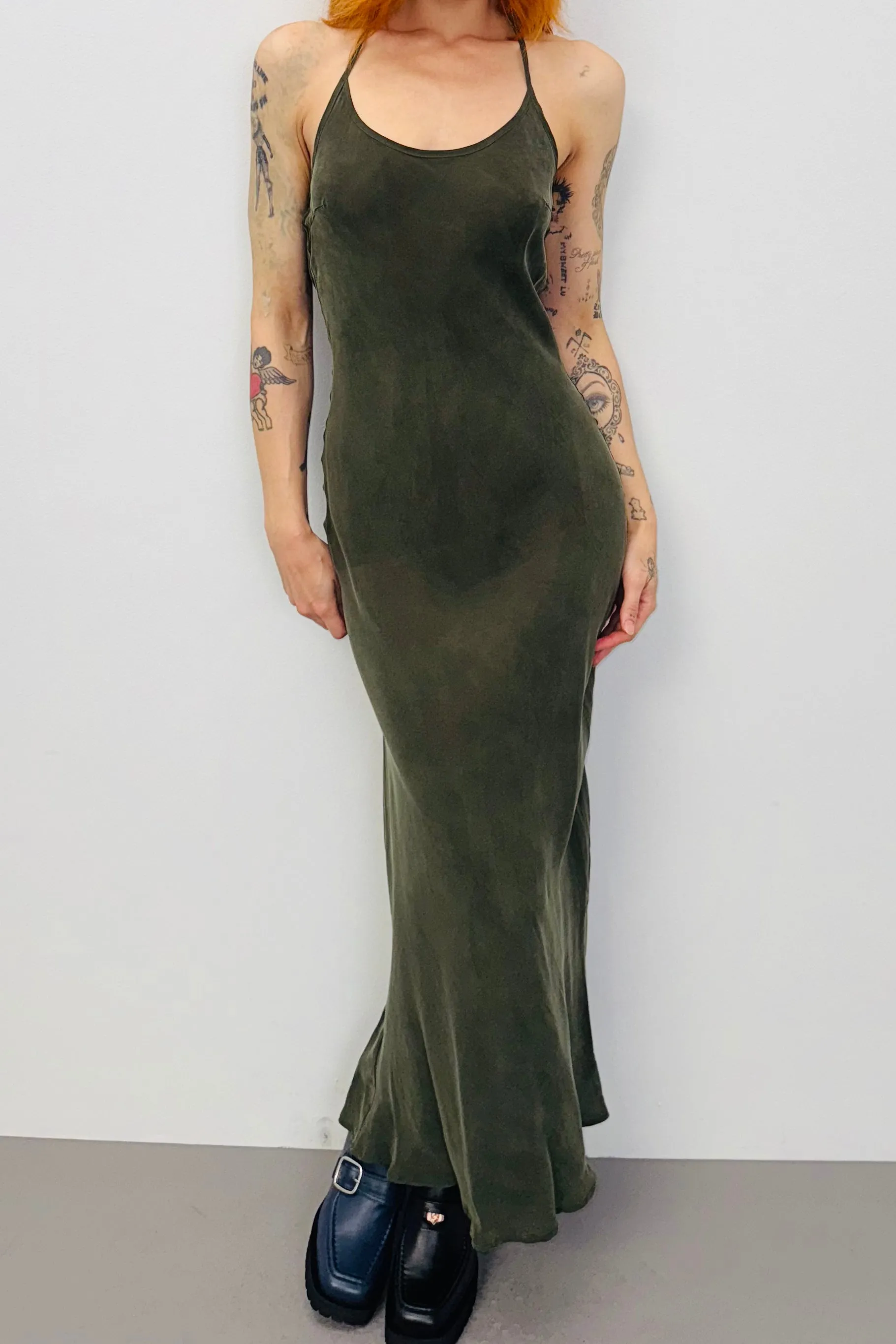 SAMPLE #437 - S Green Japanese Cupro Maxi Dress sold by Fashion Brand Company