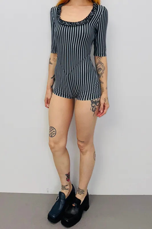 SAMPLE #422 - S Tencel Blue and Black Striped Romper made by Fashion Brand Company